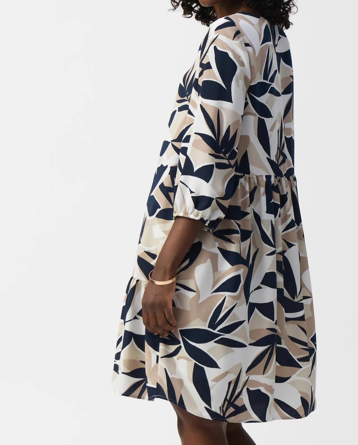 Joseph Ribkoff - Leaf Print Puff Sleeve Trapeze Dress - beige - clothing - dresses