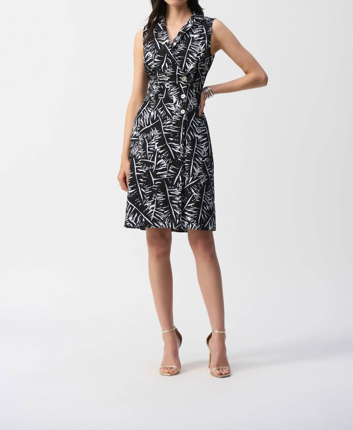 Joseph Ribkoff - Leaf Print Sleeveless A - line Dress - black - clothing - dresses