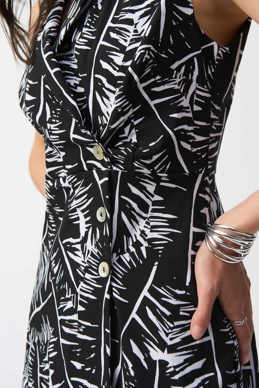 Joseph Ribkoff - Leaf Print Sleeveless A - line Dress - black - clothing - dresses