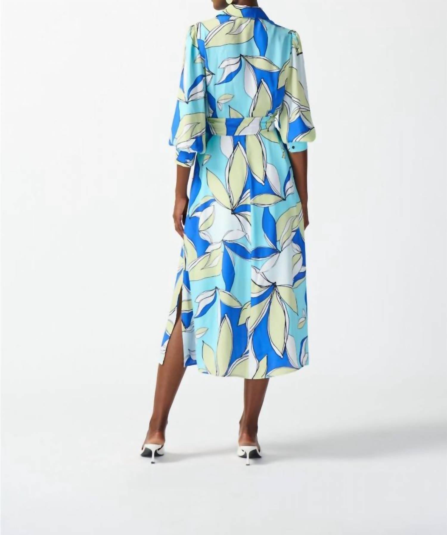Joseph Ribkoff - Leaf Print Waist Tie Midi Shirt Dress - blue - clothing - dresses