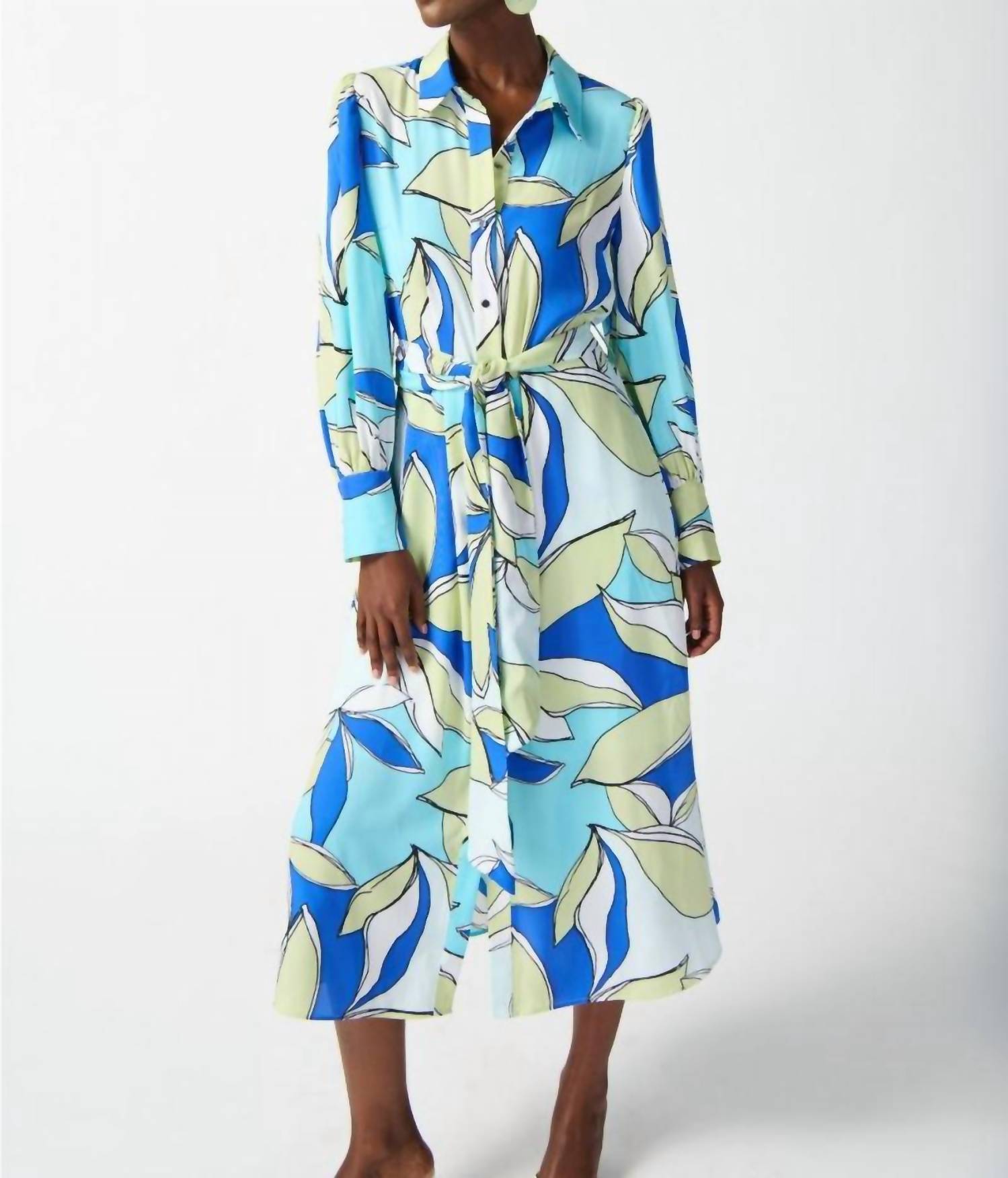 Joseph Ribkoff - Leaf Print Waist Tie Midi Shirt Dress - blue - clothing - dresses