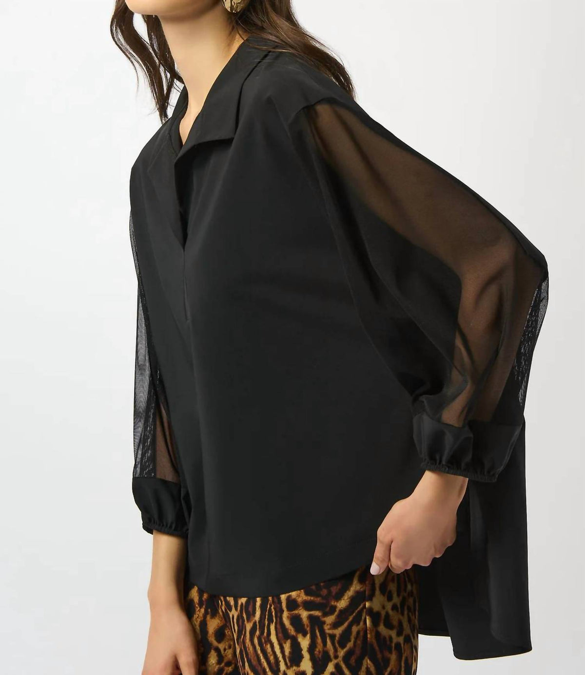 Joseph Ribkoff - Mesh Collared 3/4 Puff Sleeves Top