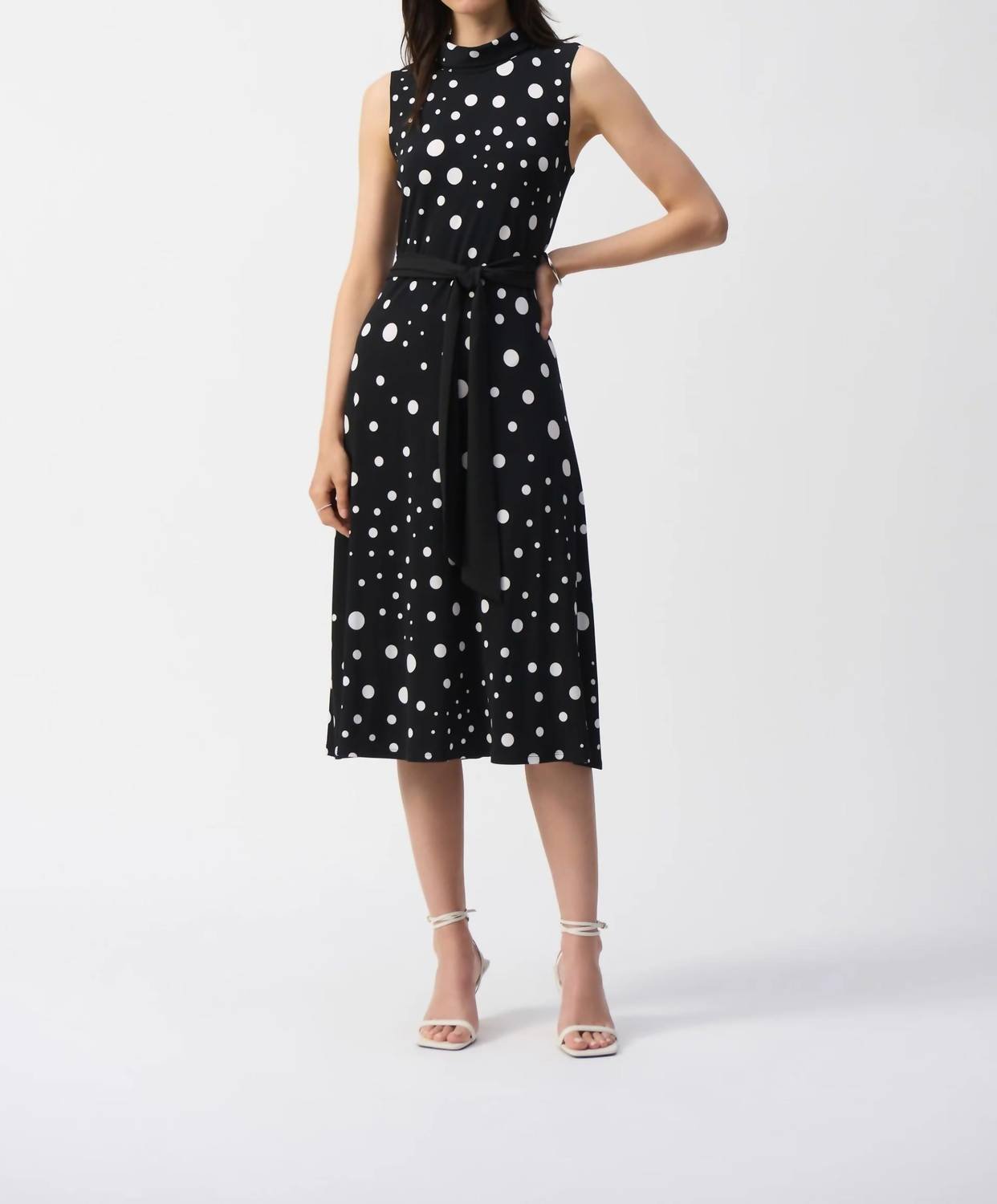 Joseph Ribkoff - Polka Dot Belted Midi Dress - black - clothing - dresses