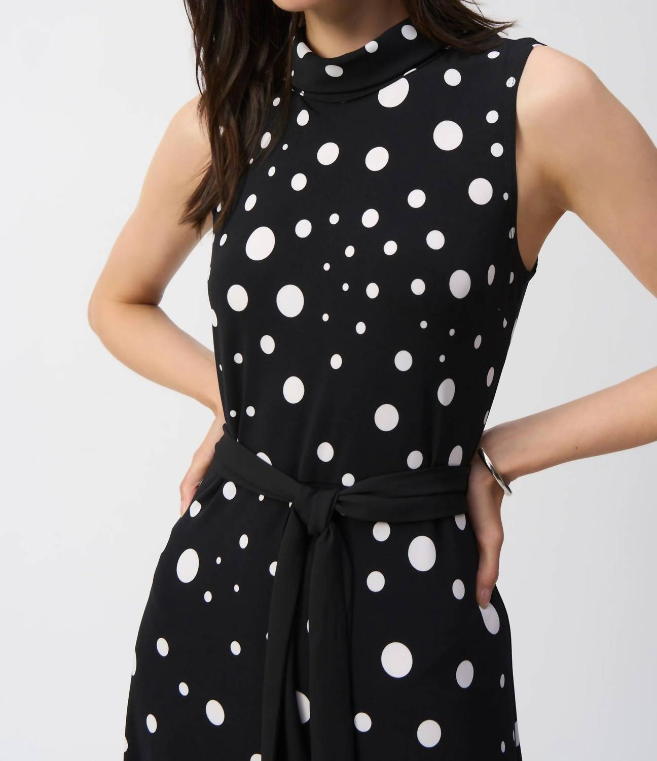 Joseph Ribkoff - Polka Dot Belted Midi Dress - black - clothing - dresses