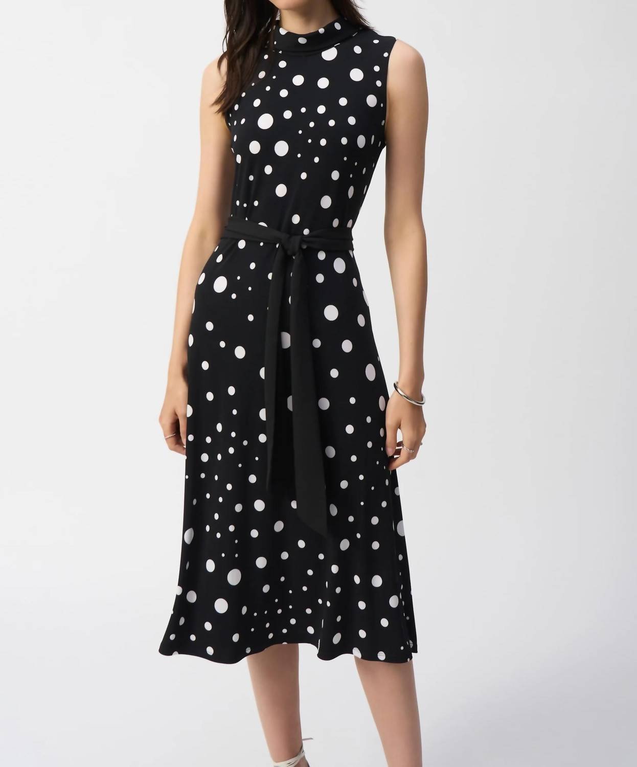 Joseph Ribkoff - Polka Dot Belted Midi Dress - black - clothing - dresses
