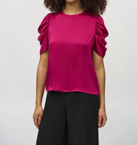 Joseph Ribkoff - Satin Top With Shirred Sleeves - blouses - clothing - pink