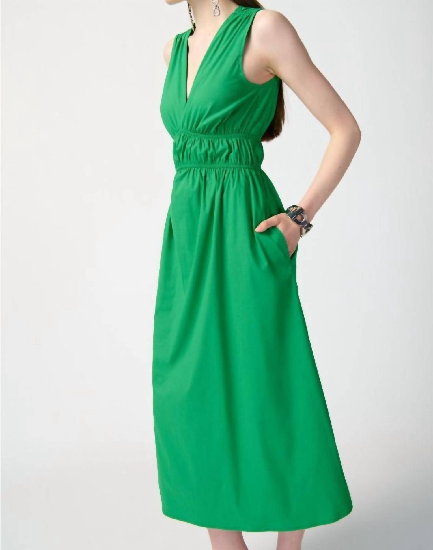 Joseph Ribkoff - Shirred V - neck Sleeveless Midi A - line Dress - clothing - cotton - blend - dresses