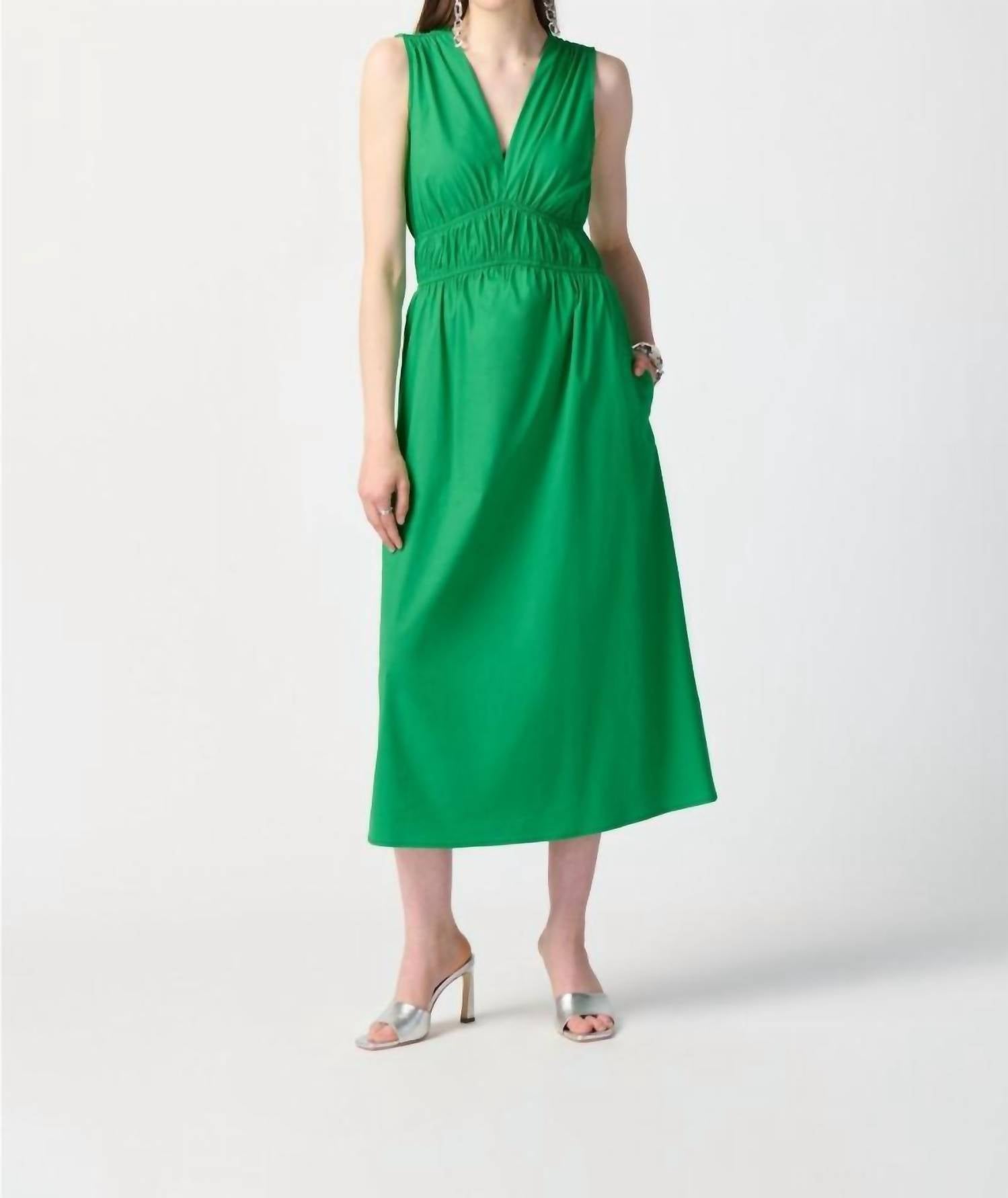 Joseph Ribkoff - Shirred V - neck Sleeveless Midi A - line Dress - clothing - cotton - blend - dresses