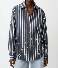 Joseph Ribkoff - Stripe Embellished Button-down Boxy Shirt