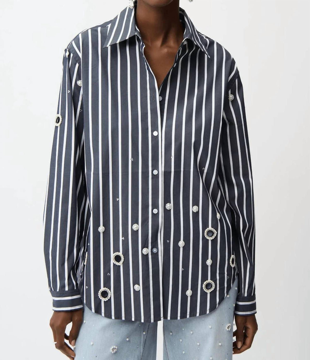 Joseph Ribkoff - Stripe Embellished Button-down Boxy Shirt