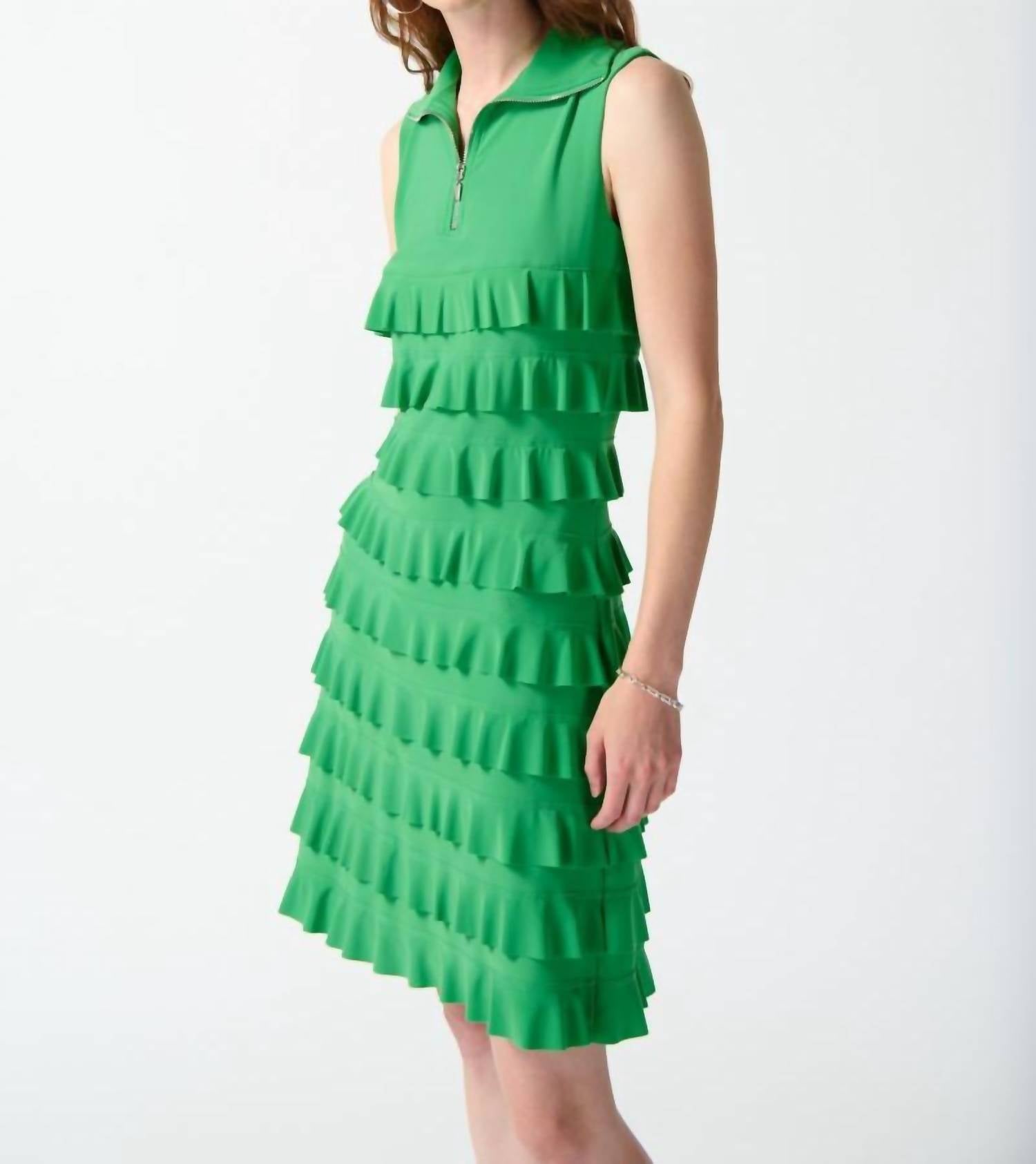 Joseph Ribkoff - Tiered Ruffles Zip Front Sleeveless Shift Dress - clothing - dresses - green