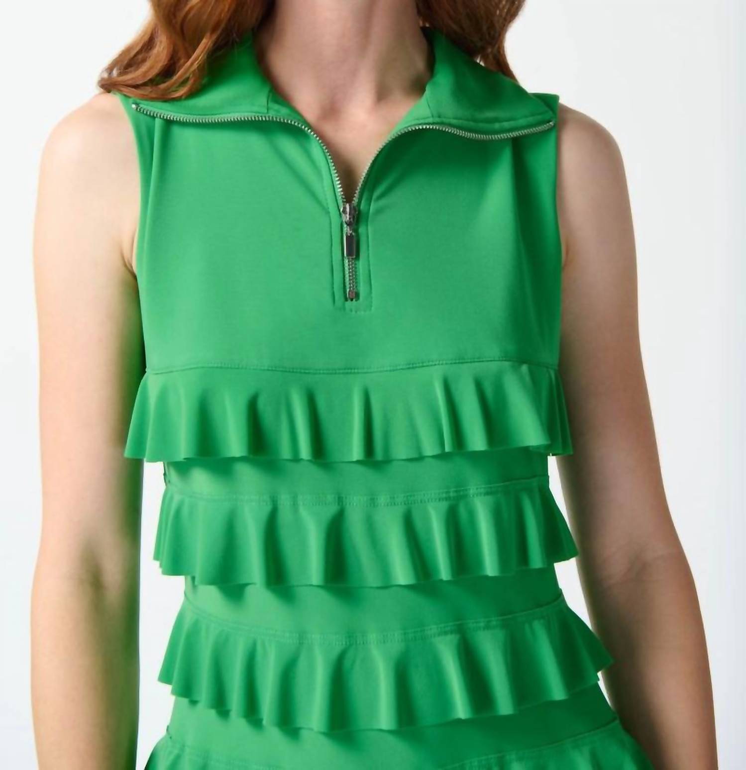Joseph Ribkoff - Tiered Ruffles Zip Front Sleeveless Shift Dress - clothing - dresses - green