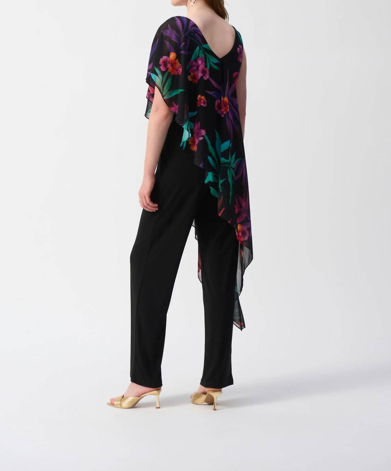 Joseph Ribkoff - Tropical Chiffon Overlay Jumpsuit - black - clothing - floral