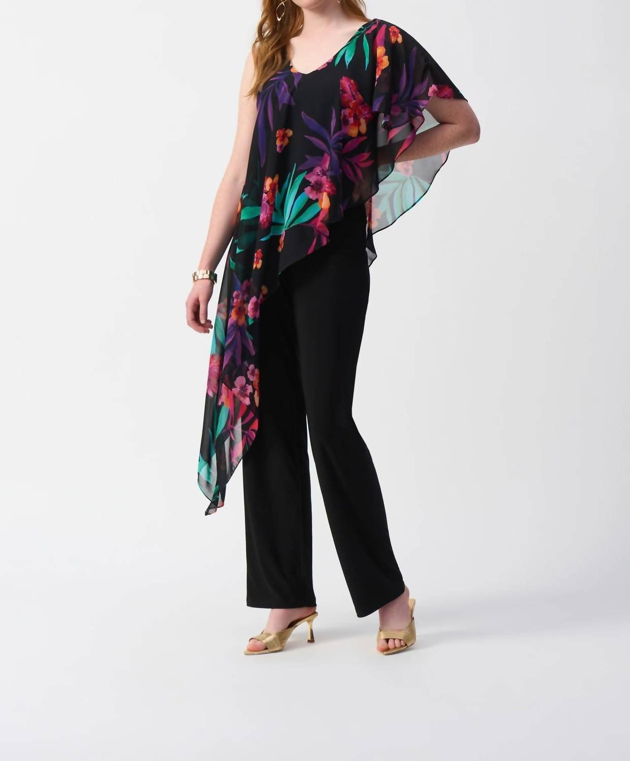 Joseph Ribkoff - Tropical Chiffon Overlay Jumpsuit - black - clothing - floral