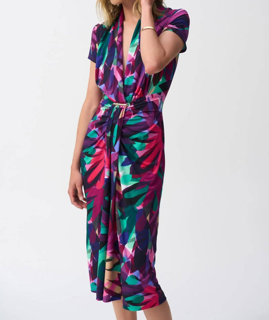 Joseph Ribkoff - Tropical Print Draped Front Midi Sheath Dress - clothing - dresses - midi