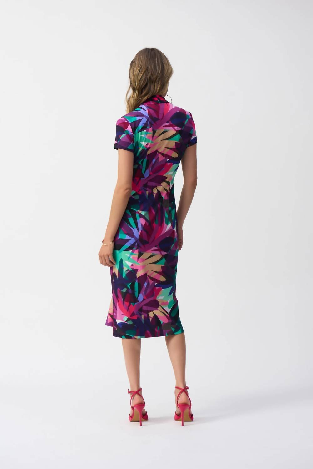 Joseph Ribkoff - Tropical Print Draped Front Midi Sheath Dress - clothing - dresses - midi
