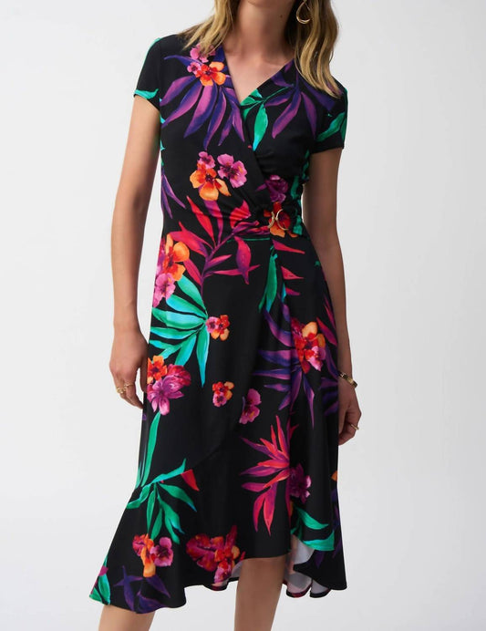 Joseph Ribkoff - Tropical Print Faux Wrap Midi Dress - black - clothing - dresses
