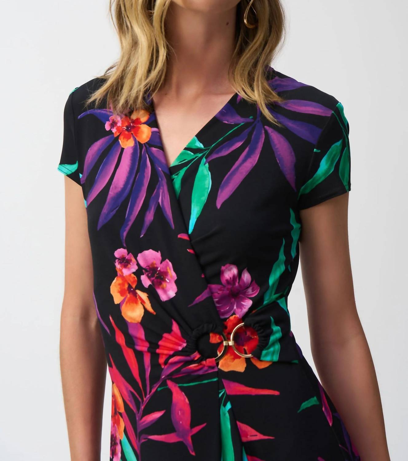 Joseph Ribkoff - Tropical Print Faux Wrap Midi Dress - black - clothing - dresses