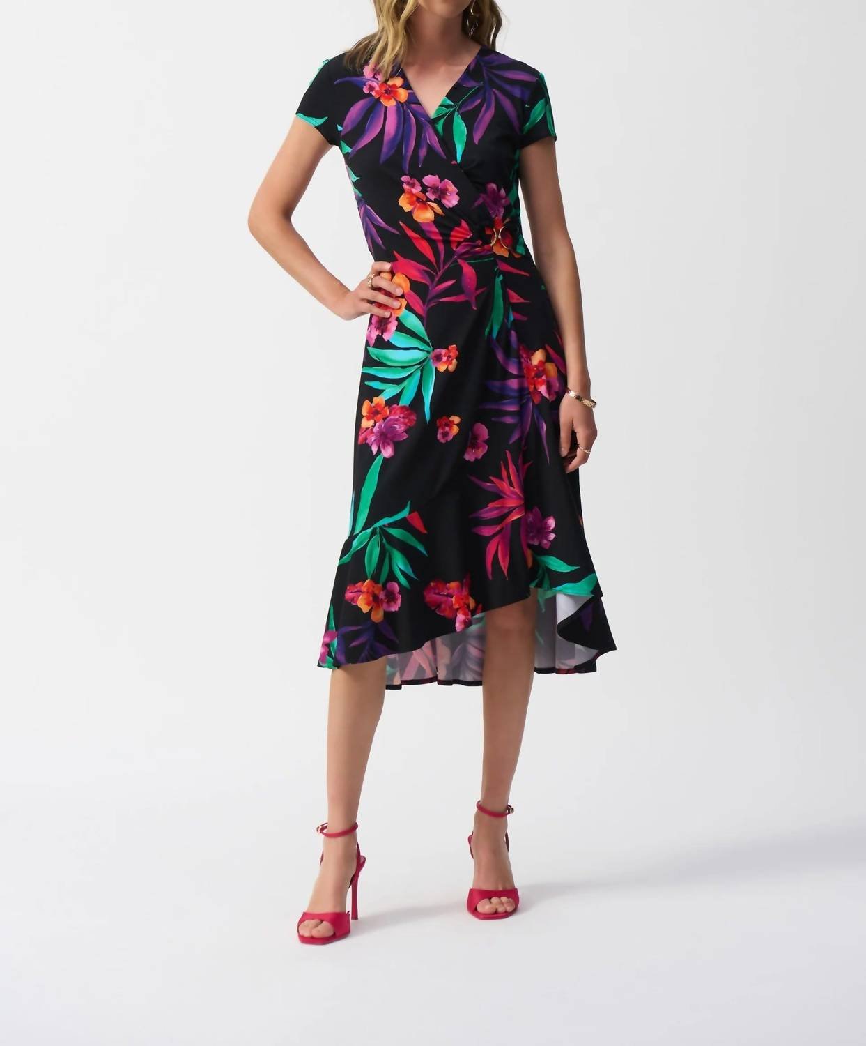 Joseph Ribkoff - Tropical Print Faux Wrap Midi Dress - black - clothing - dresses