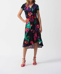 Joseph Ribkoff - Tropical Print Faux Wrap Midi Dress - black - clothing - dresses