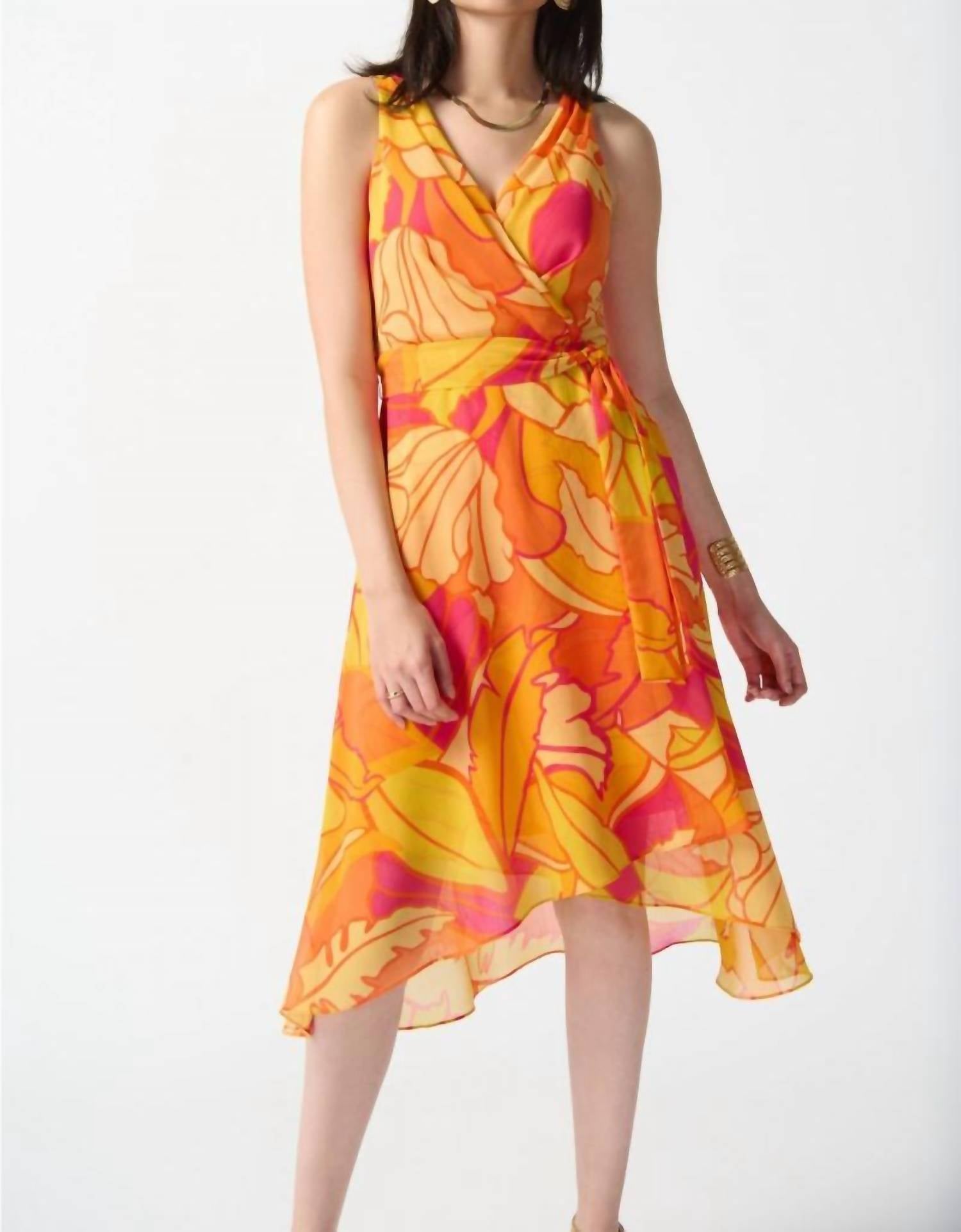 Joseph Ribkoff - Tropical Print Faux Wrap Midi Fit & Flare Dress - clothing - dresses - graphic