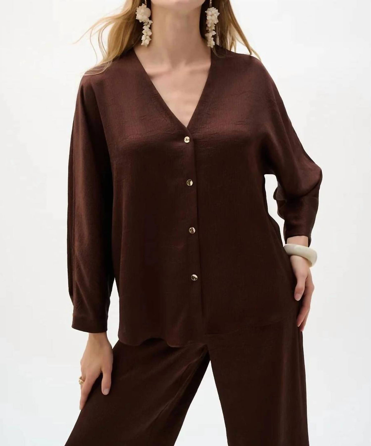 Joseph Ribkoff - V-neck Button Front Boxy Satin Top