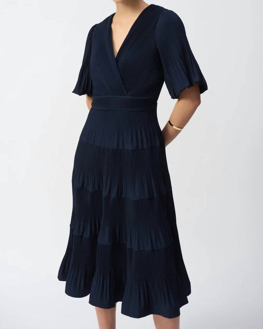 Joseph Ribkoff - V - neck Pleated Faux Wrap Midi Dress - blue - clothing - dresses