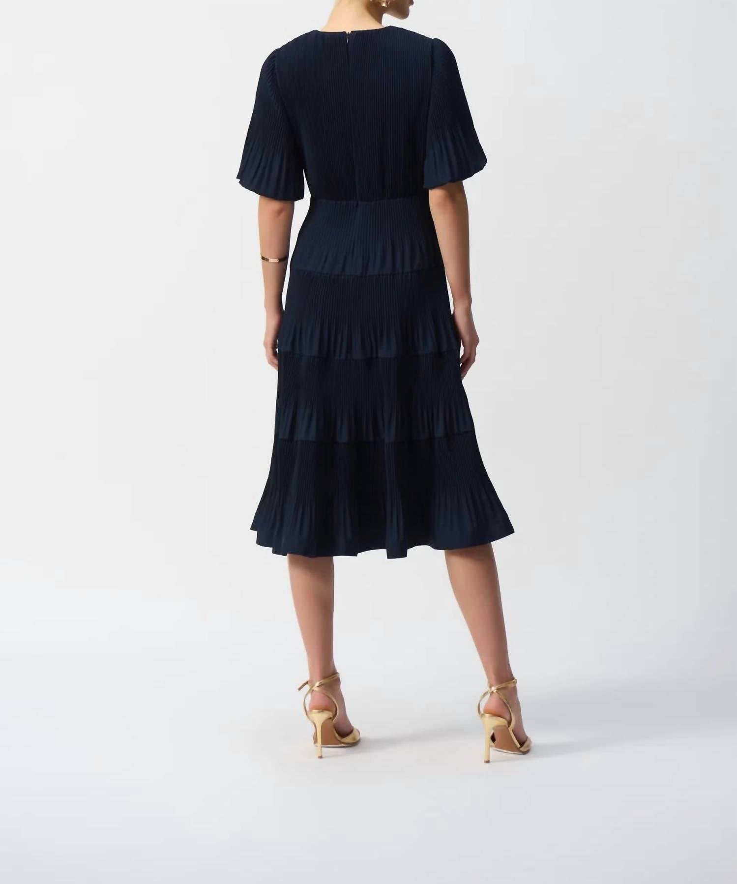 Joseph Ribkoff - V - neck Pleated Faux Wrap Midi Dress - blue - clothing - dresses