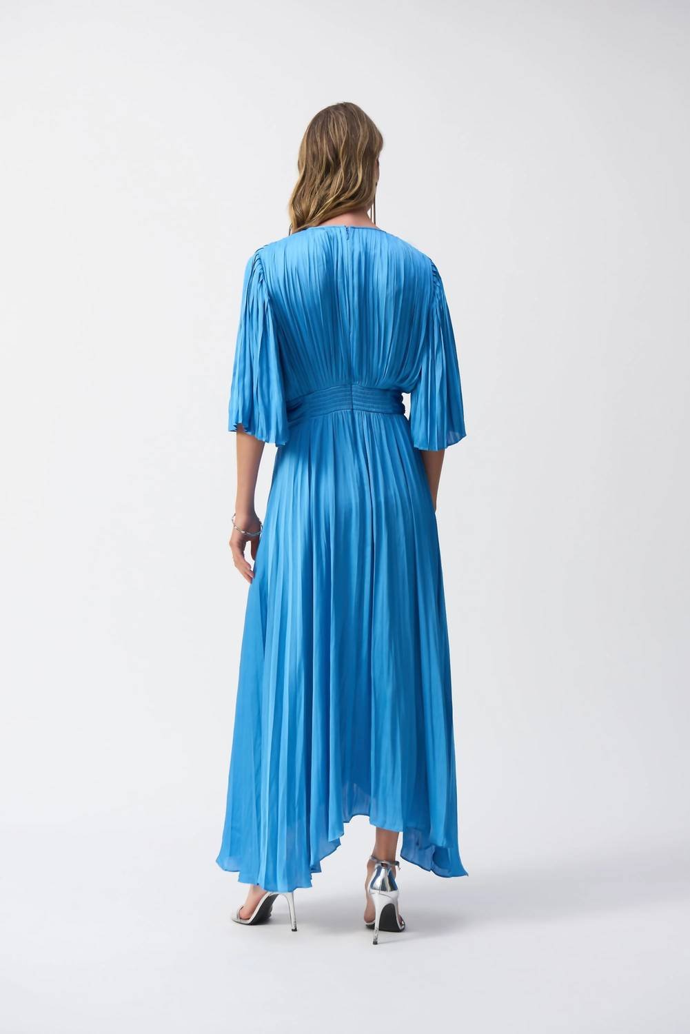 Joseph Ribkoff - V - neck Pleated Satin Maxi Dress - blue - clothing - dresses