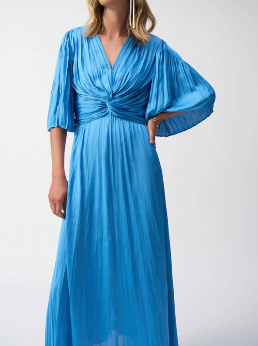 Joseph Ribkoff - V - neck Pleated Satin Maxi Dress - blue - clothing - dresses