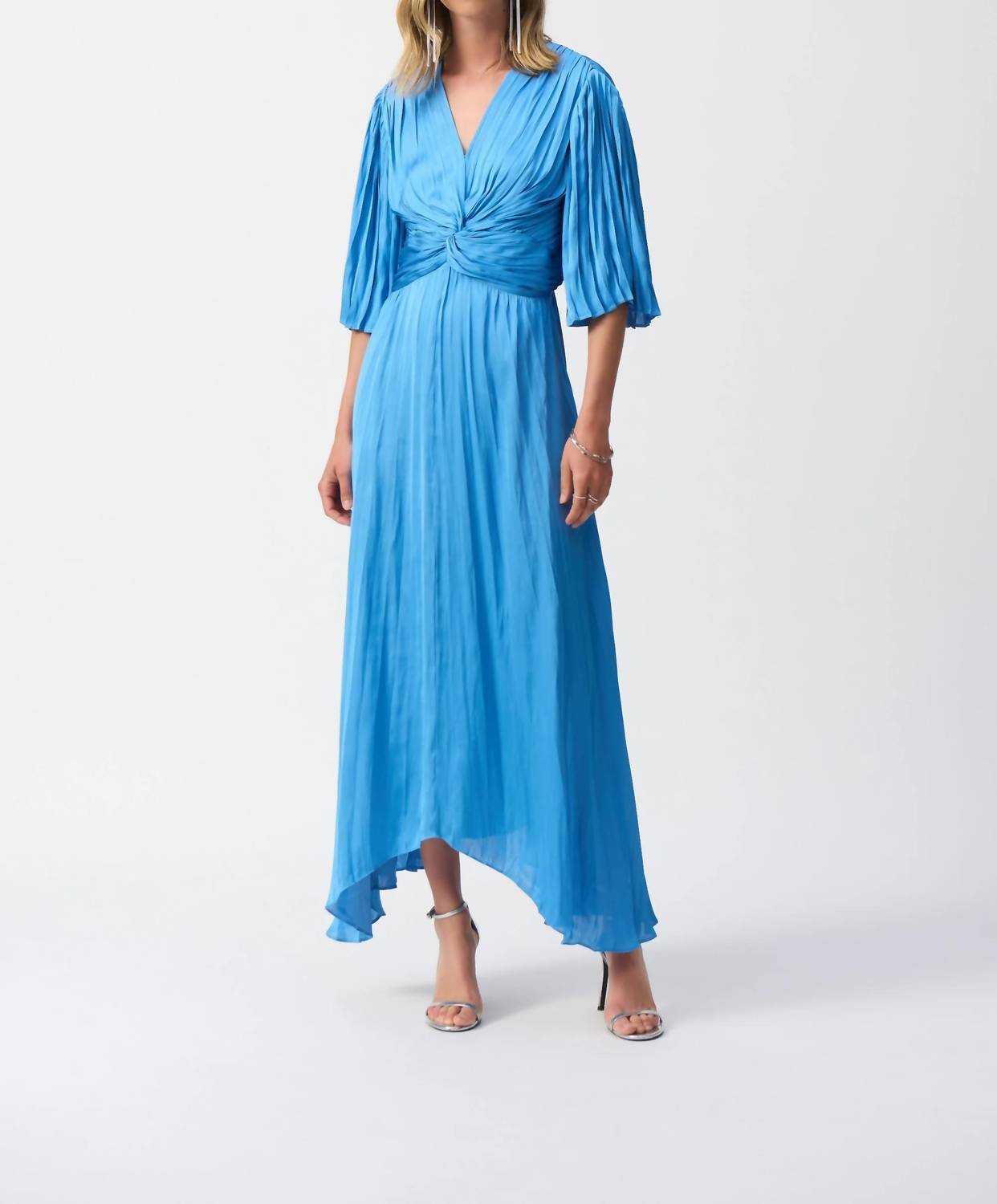 Joseph Ribkoff - V - neck Pleated Satin Maxi Dress - blue - clothing - dresses