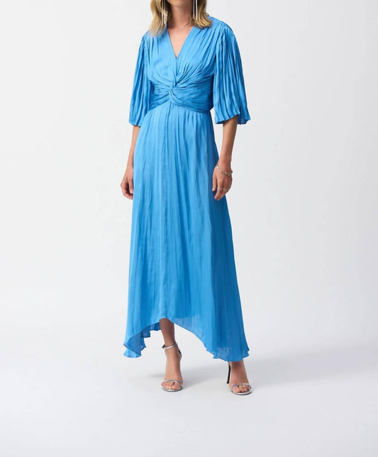 Joseph Ribkoff - V - neck Pleated Satin Maxi Dress - blue - clothing - dresses
