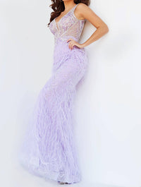 Jovani - Beaded Feather Long Dress