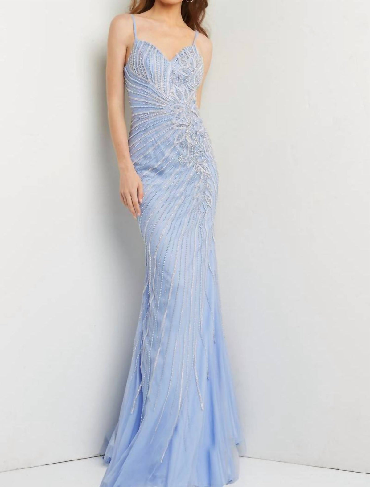Jovani - Beaded Spaghetti Strap Gown
