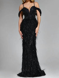 Jovani - Feathered Plunge Gown With Dazzling Embellishments - black - clothing - dresses