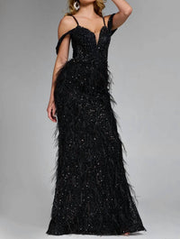 Jovani - Feathered Plunge Gown With Dazzling Embellishments - black - clothing - dresses