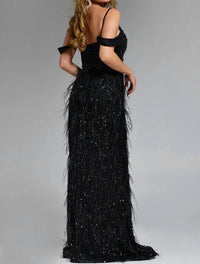 Jovani - Feathered Plunge Gown With Dazzling Embellishments - black - clothing - dresses