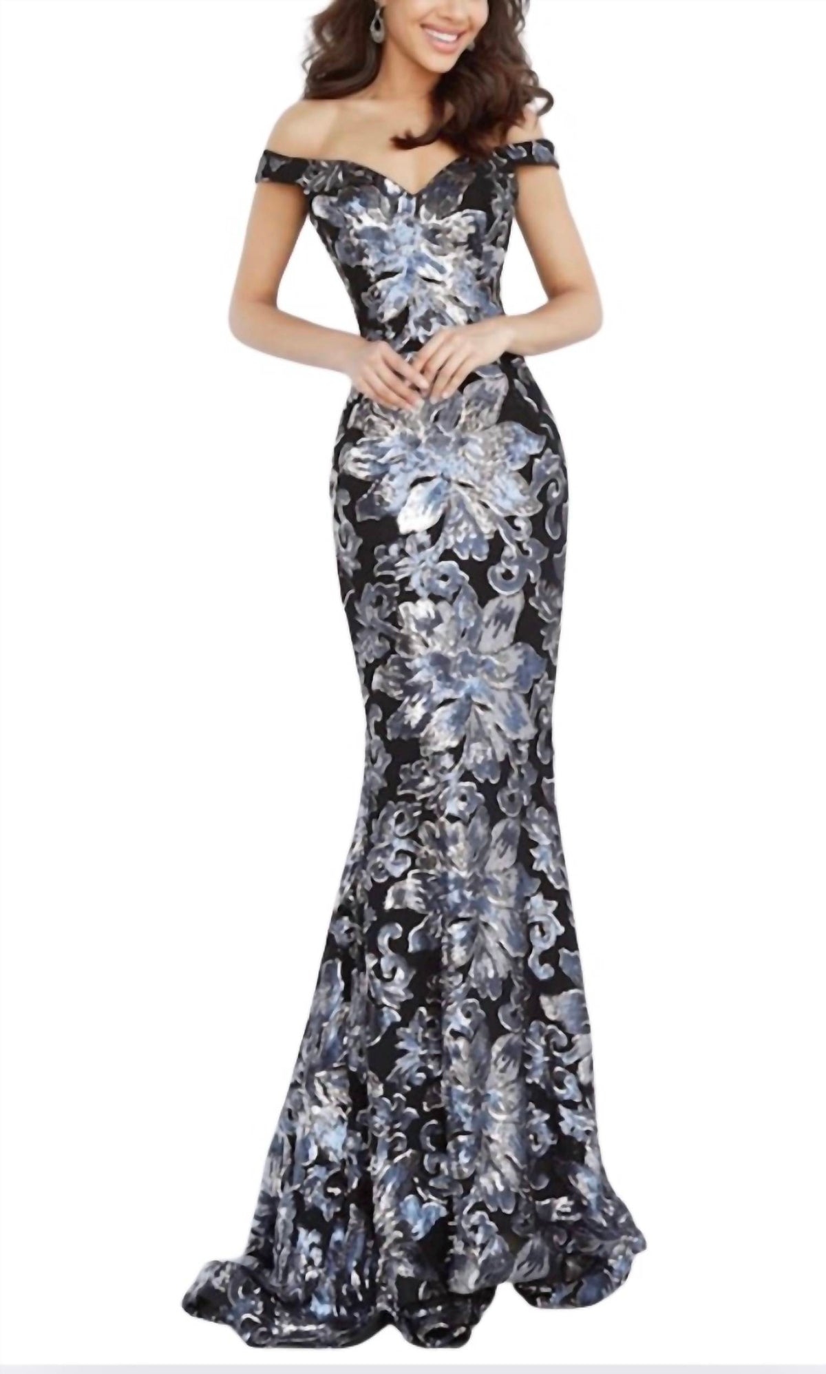 Jovani - Floral sequin off the shoulder gown