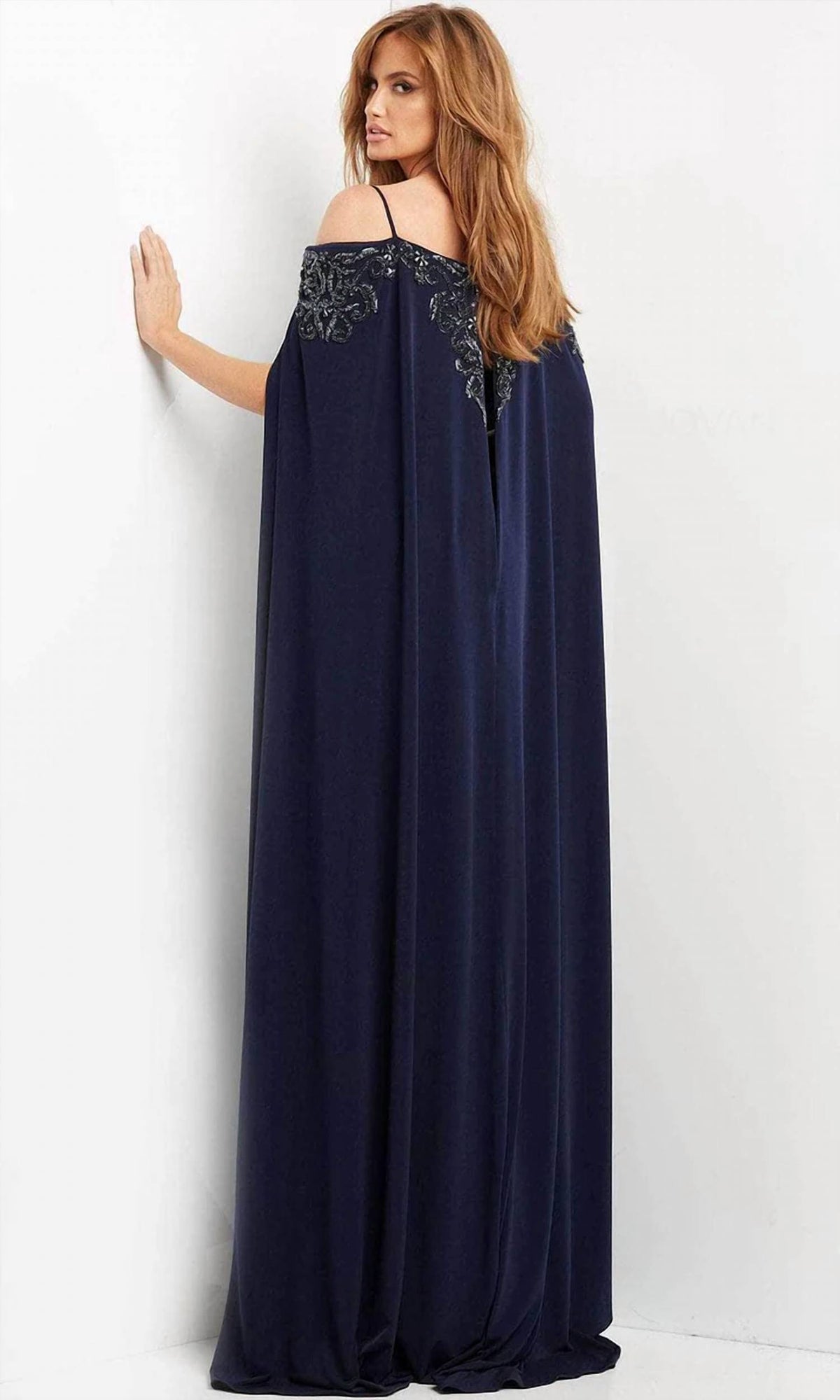 Jovani - Long Cape Embellished Evening Gown