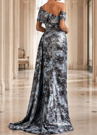 Jovani - Off-the-shoulder Floral Gown With Draped Panel