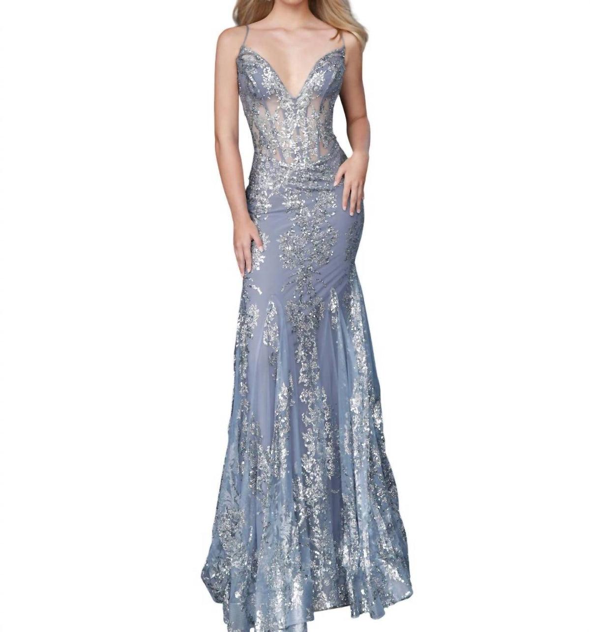 Jovani - Spaghetti Straps Embellished Dress