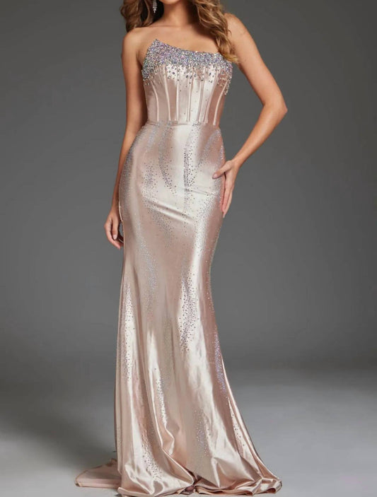 Jovani - Strapless Embellished Satin Dress - beige - clothing - dresses