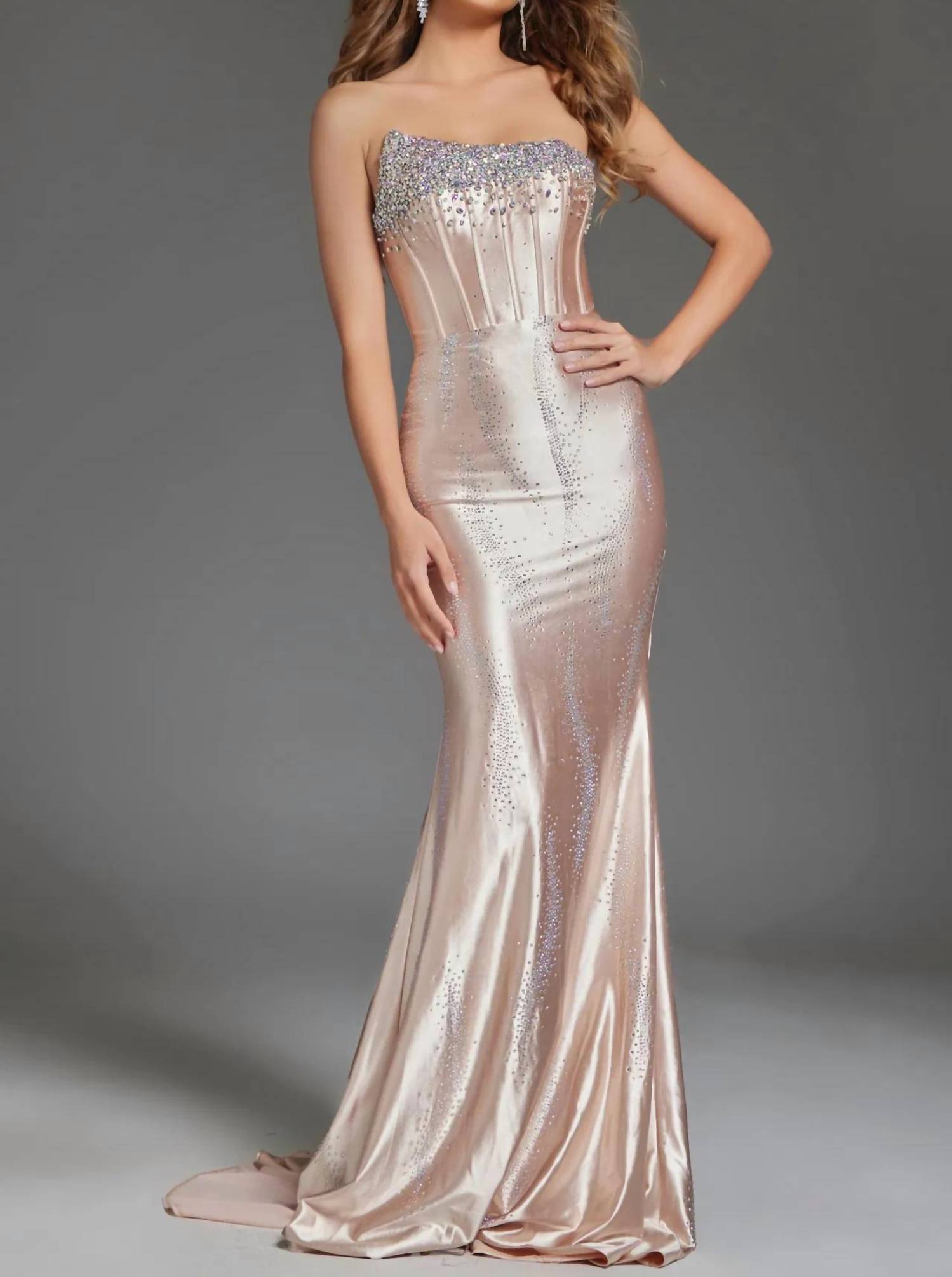 Jovani - Strapless Embellished Satin Dress - beige - clothing - dresses