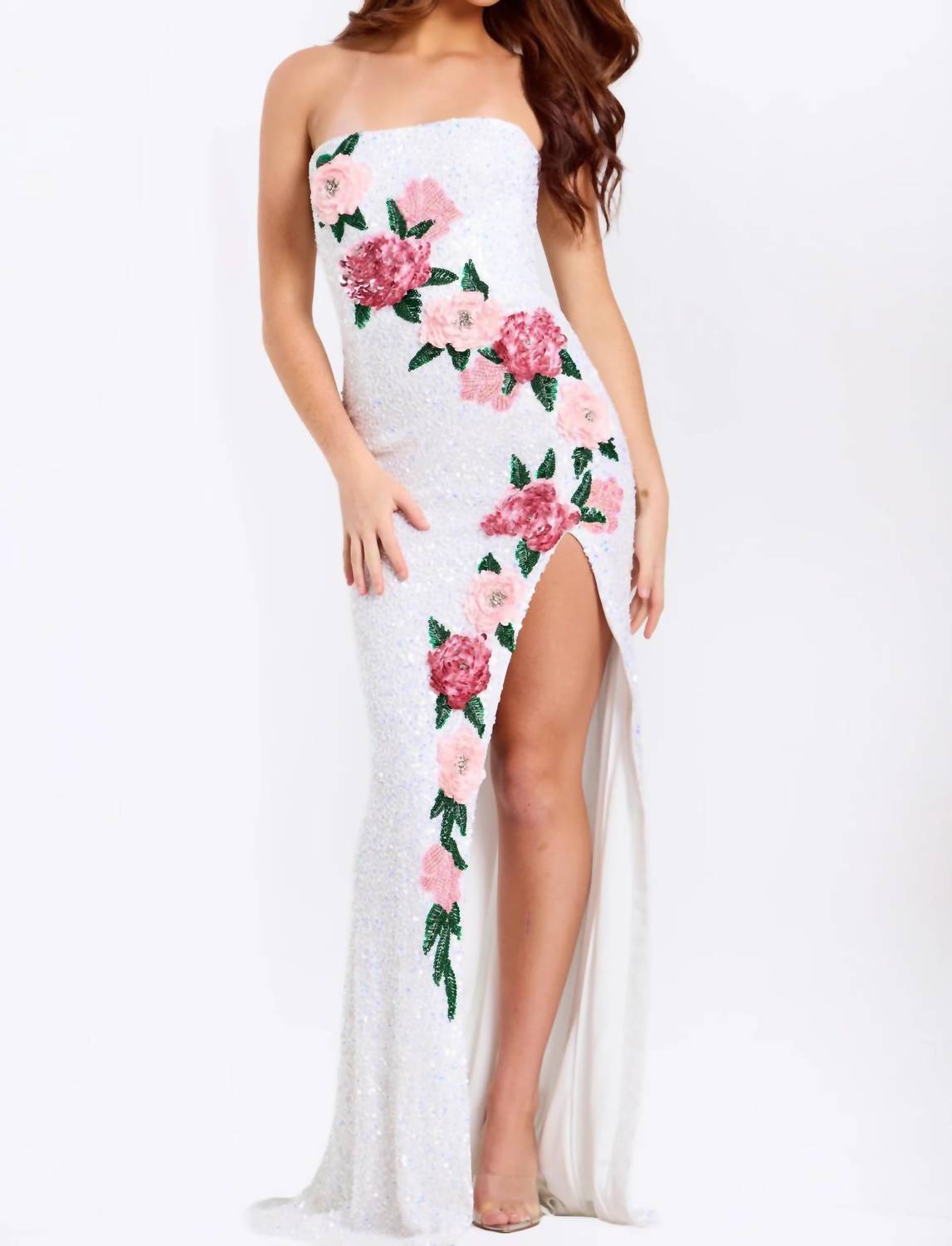 Jovani - Strapless Sequin Floral Gown