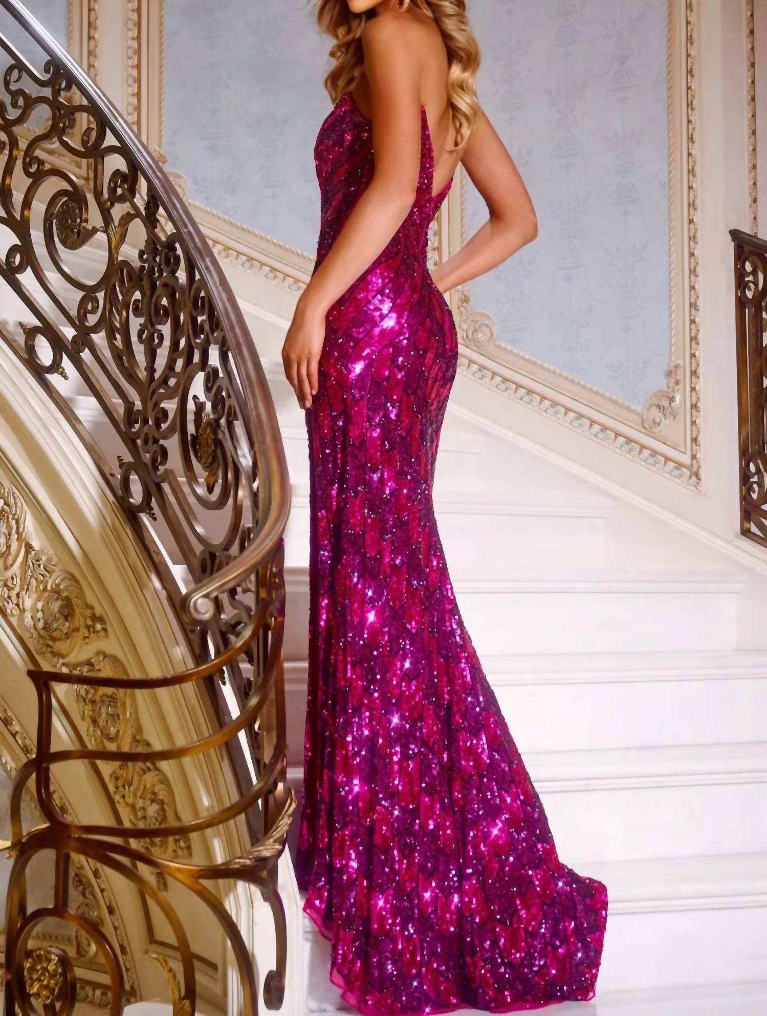 Jovani - Sweetheart Sequin Gown With High Slit - clothing - dresses - pink