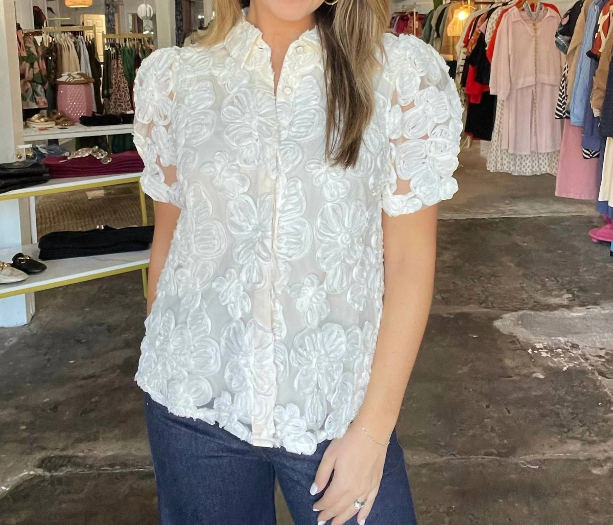 Joy Joy - Short Sleeve Textured Floral Blouse