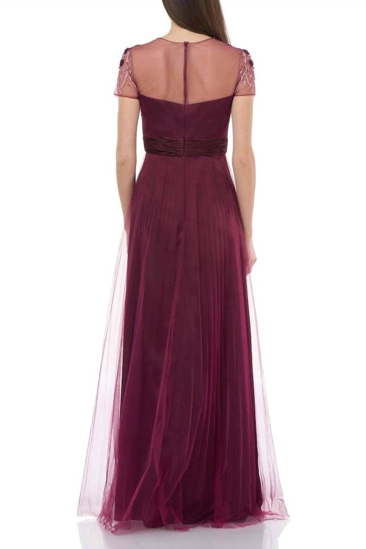 Js Collections - Short Sleeve Embellished Bodice Mesh Gown