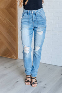 Judy Blue - Aiden High Rise Patch Pocket Distressed Boyfriend Jeans - blue - boyfriend - clothing