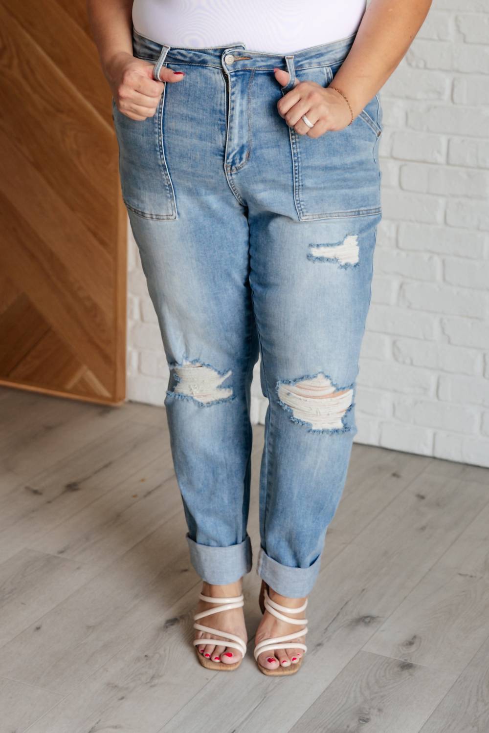 Judy Blue - Aiden High Rise Patch Pocket Distressed Boyfriend Jeans - blue - boyfriend - clothing