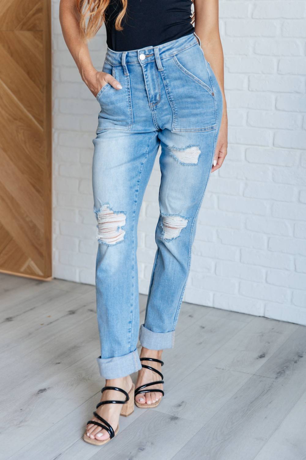 Judy Blue - Aiden High Rise Patch Pocket Distressed Boyfriend Jeans - blue - boyfriend - clothing